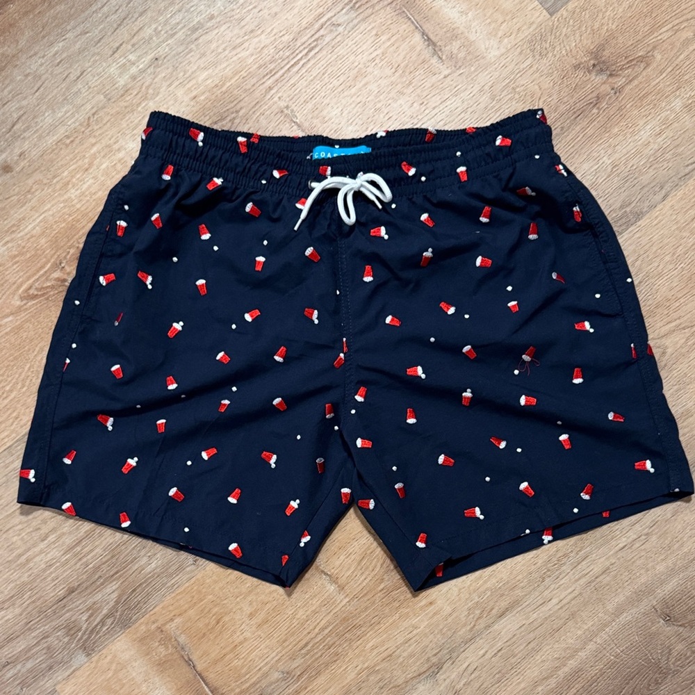 Coastal Swell Men’s Navy Swim Trunks with Red Solo Cup Embroidered Size L